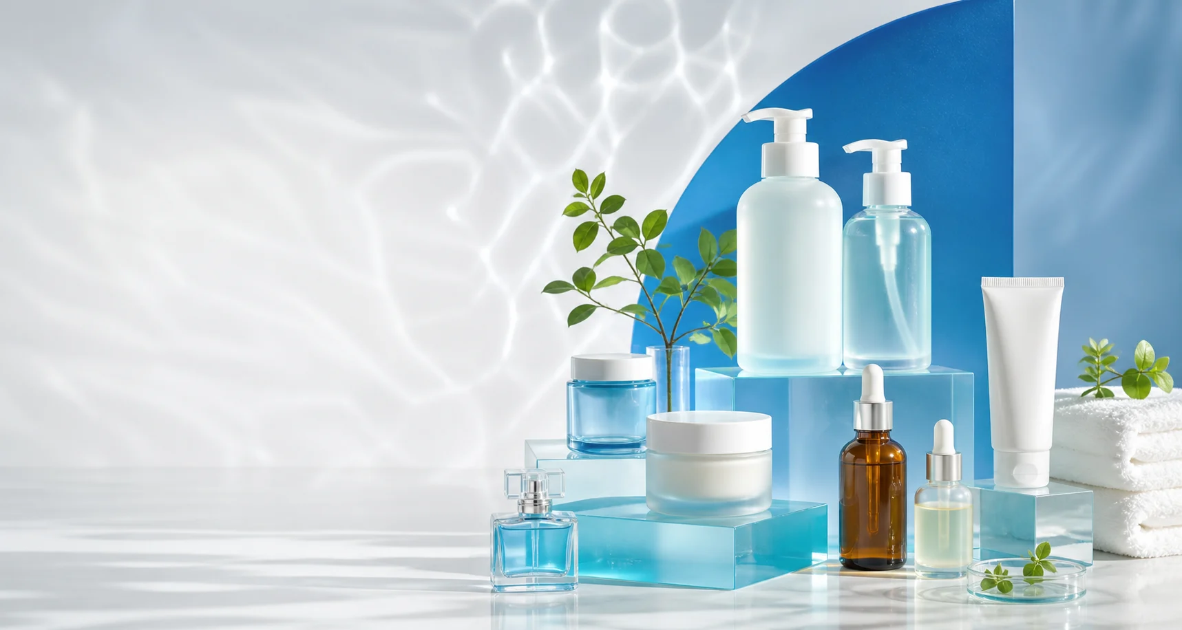 An unbranded selection of hygiene, skincare, soap, oils and perfume products on an aqua studio set
